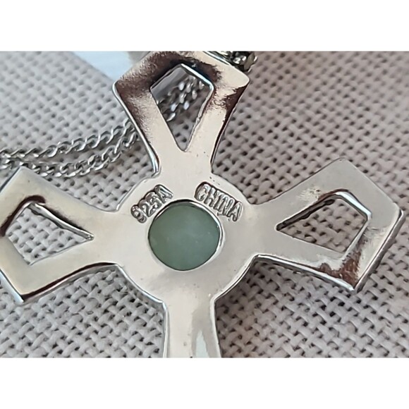 925 Sterling Silver Amazonite Marcasite Cross Pendant Necklace Vintage - Picture 5 of 10